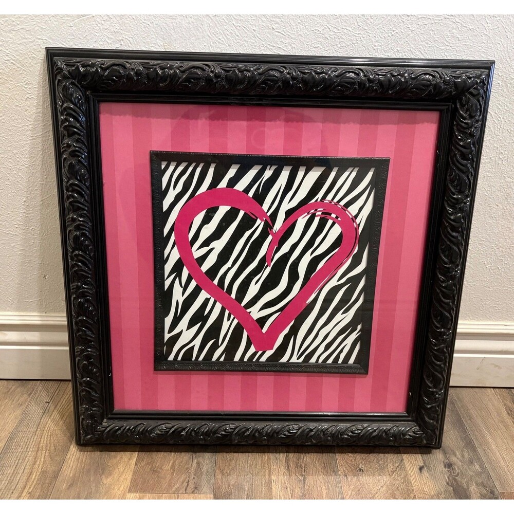 HEART pink and zebra print wall art 22”x 22”